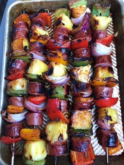 Smoked Sausage Pepper and Pineapple Skewers - DInner Is Served3